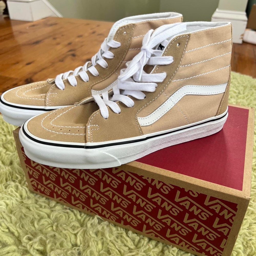 vans sk8 hi tapered tan/cream canvas and suede shoe